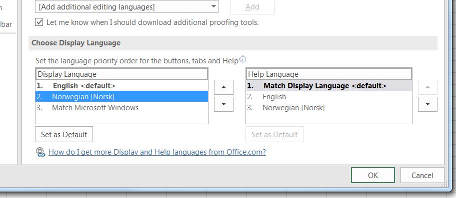 Bruksanvisning til hvordan bytte meny språk i Excel eller andre Microsoft Office produkter.