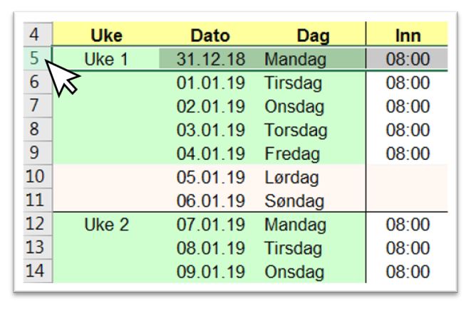 Velge rader i Excel