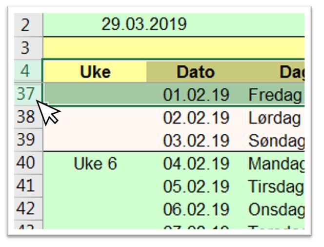 Synliggjøre rader ved å velge rad over og under.